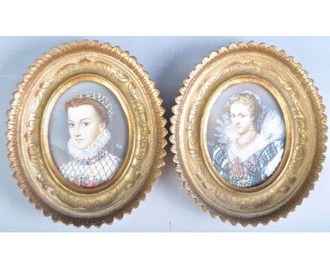 A pair of early 20th Century French School hand painted portrait miniature paintings / studies depicting two ladies / maidens