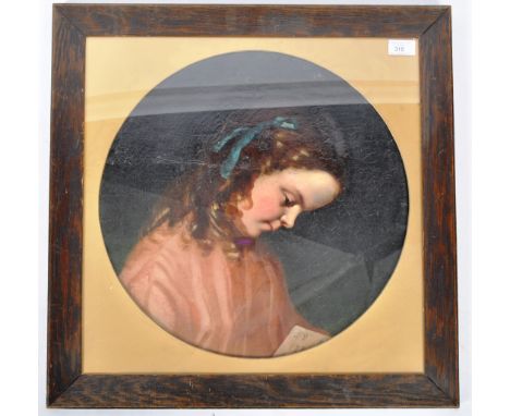 An antique 19th Century Victorian oil on canvas painting portrait study depicting a young a girl reading a school book. The g