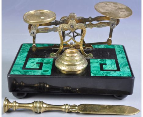An attractive set of antique 19th Century Victorian English Malachite and&nbsp;black slate postal scales having decorative en