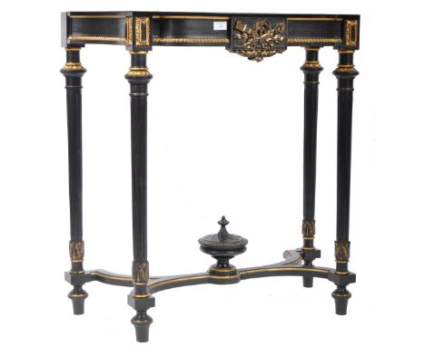 An antique 19th Century French ebonised and gilt ormolu console&nbsp;/ side table or hall table of decorative form having a w