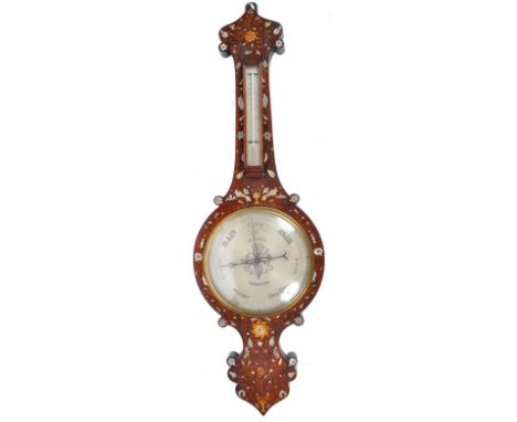 An antique 19th Century Victorian rosewood banjo barometer having a shaped top with decorative mother of pearl and brass flor