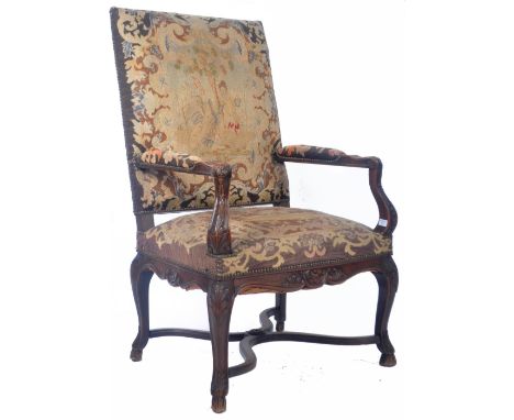 An antique 18th Century Georgian English oak and tapestry large open Gainsborough armchair / fireside library arm chair of oa