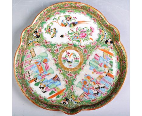 An antique 19th Century Chinese Oriental Cantonese Canton Region Famille Rose serving tray of trefoil shape having 'C' scroll