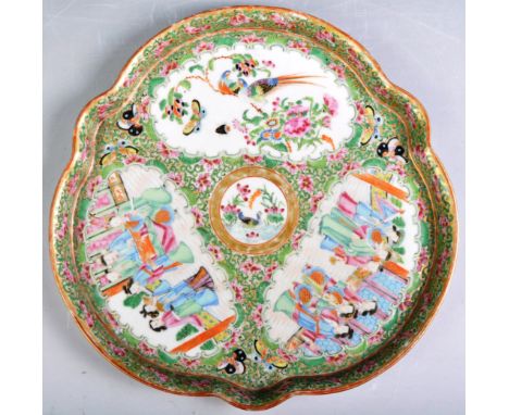 An antique 19th Century Chinese Oriental Cantonese Canton Region Famille Rose serving tray of trefoil shape having 'C' scroll