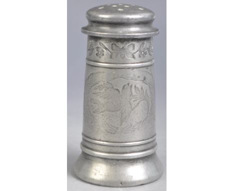 An antique 18th century Georgian pewter writing sander of column form having a full engraved design. Measures approx 6 / 7cms