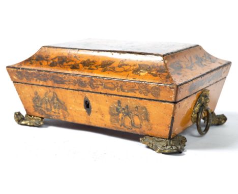 An early 19th Century Georgian Regency period English antique satinwood box with penwork decoration depicting a landscape sce