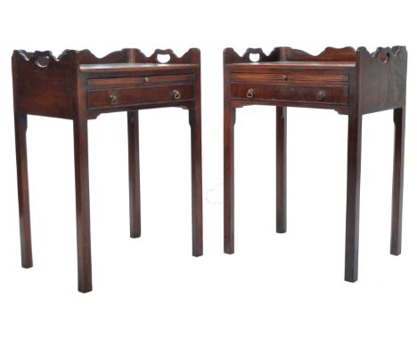 A pair of antique 19th Century Georgian Regency style English mahogany tray top bedside / lamp tables having shaped gallery t