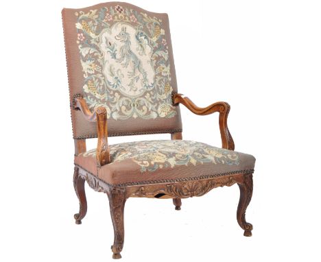 A&nbsp;large and impressive&nbsp;antique 18th Century Georgian English walnut framed tapestry&nbsp;armorial armchair / elbow 