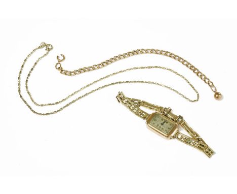 A gold curb link chain with sphere charm, an Art Deco ladies 9ct gold mechanical watch with later rolled gold gate link brace