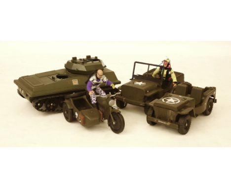 A quantity of toys including Action Man equipment, motor cycle and sidecar, jeep, figures including driver, and a box of die 