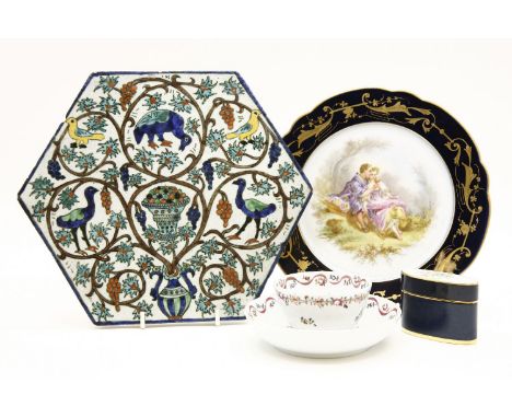A painted tile, Crown Derby part coffee cups and saucers, Coalport teapot, an 18th century tea bowl and two dishes, a Doulton