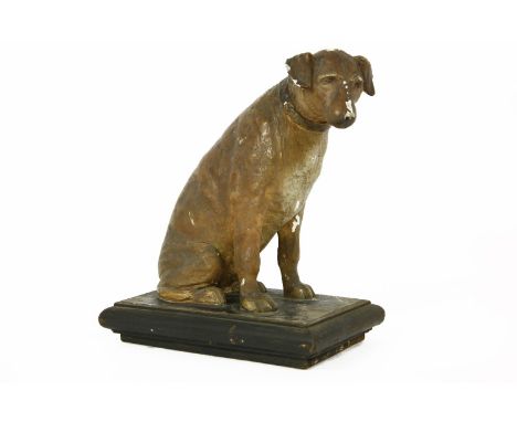 A painted plaster model of the 'His Masters Voice Terrier', mounted on a wood plinth, 32.5cm long