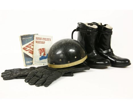 A vintage 'Centurion' motorcycle helmet, together with a pair of Lewis Leathers motorcycle boots, leather gloves, and motorcy