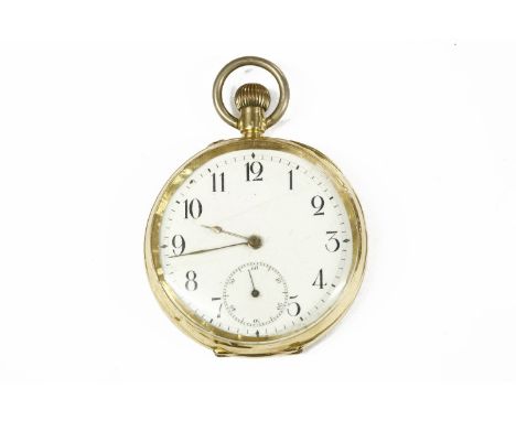 A gold open faced pocket watch, marked 18k, white enamel dial with Arabic numerals and subsidiary dial (damaged) with replace