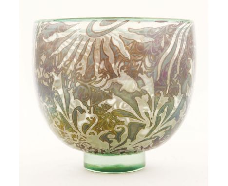 A glass bowl, by Jonathan Harris, with a lustre decorated body, on a low foot, inscribed 'Jonathan Harris Isle of Wight Glass