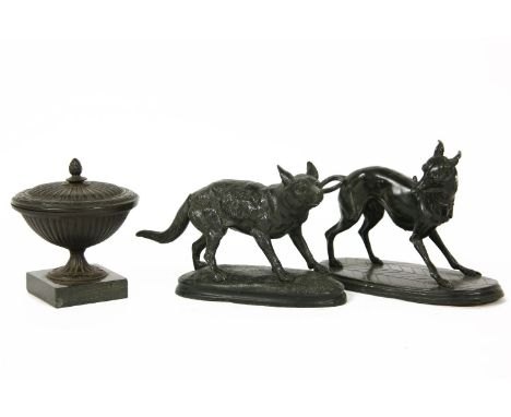 A late 19th century cast iron urn with hinged lighting lid, marked A.M Nachf, together with a spelter model of a greyhound an