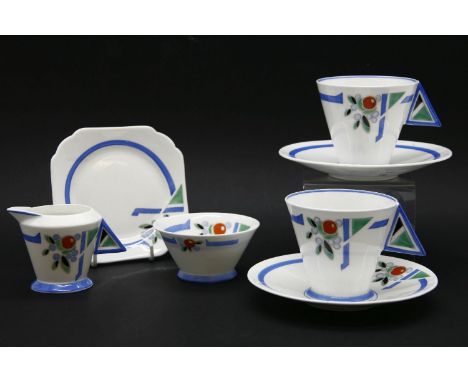 An Art Deco Shelley two piece tea set, comprising two cups, two saucers, cream jug, sugar bowl and small plate