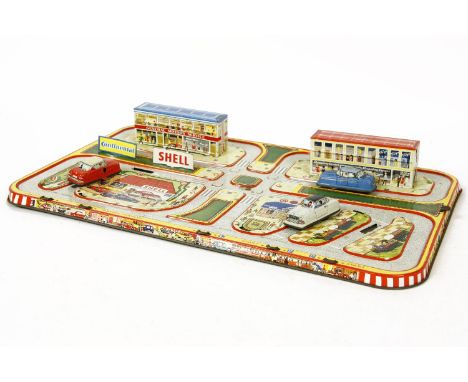 Technofix City Traffic Drive and Park (1966), model no.313 , tinplate roadway with three clockwork cars and key, missing box