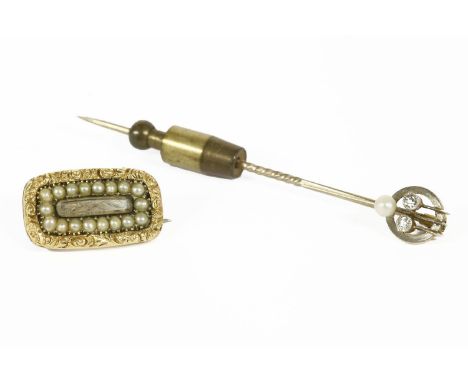 An Art Deco diamond and seed pearl stick pin, (pearl untested) marked 15ct (replacement pin), and a Georgian gold memorial la