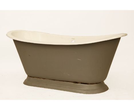 A cast iron and enamel roll top bath, on a stand, 167cm long