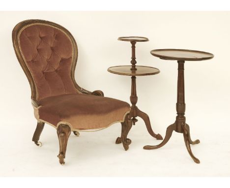 A Victorian nursing chair, and two further tripod tables (3)