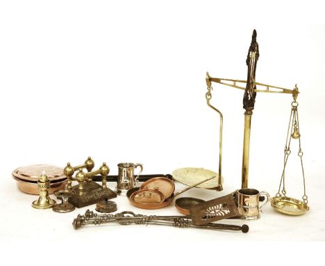 A large Victorian pan balance, by W.T. Avery, together with a pair of brass andirons, fire tools, copper pans, etc