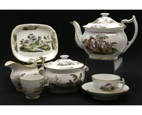 A 19th century part tea service, decorated with hand painted landscape scenes