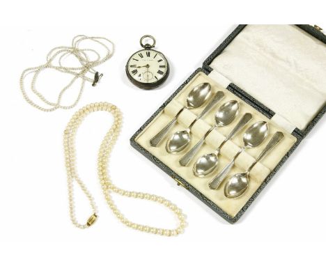 A collection of miscellaneous items to include a two row cultured pearl necklace, a silver open faced pocket watch, a single 