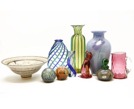 Glassware to include nine items: a Seguso Murano cat, tall ribbed green vase, 31.5cm, blue and green swirl ribbed vase, and a