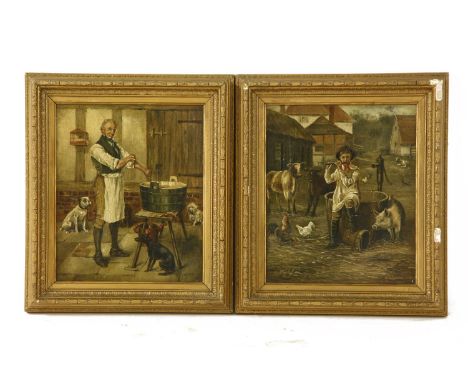 S C Warboys,FARMYARD SCENES, ONE OF A PIPER PLAYING TO THE ANIMALS, THE OTHER WASHING DOGS A pair, both signed l.r., oil on c