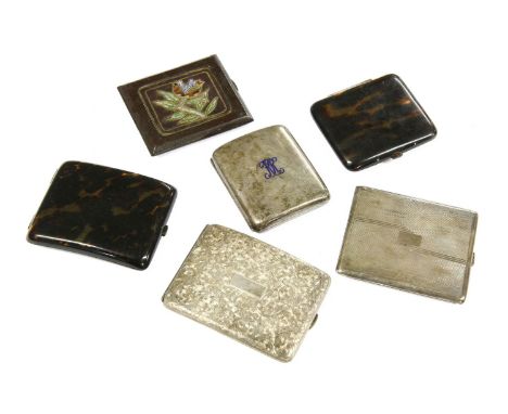 Six assorted cigarette cases, including an Arts & Crafts rectangular cigarette case with polychrome enamel decoration, an Art