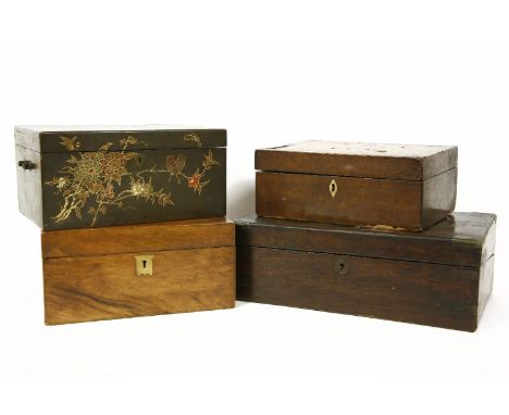A late 19th century mahogany writing slope, together with a lacquered tea caddy and two other boxes