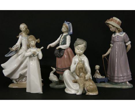 Five Lladro figures, including young girls with geese, a young girl with a doll, a young girl with a dog, and a young girl pl