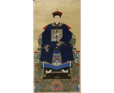A 19th century Chinese ancestral portrait of a nobleman, unframed, 118cm x 61cm