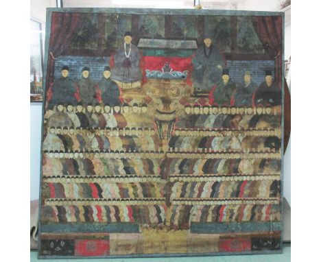 CHINESE ANCESTRAL PORTRAIT, depicting multiple generations with figures dressed in robes, unframed, 205cm W x 209cm H. (with 
