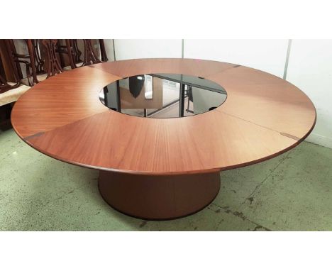 GIORGETTI FANG DINING TABLE, in walnut, with lazy susan and tanned leather base, (originally cost £20k.)