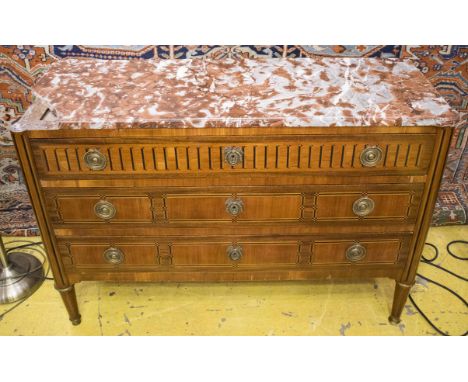 COMMODE, 18th century manner North Italia kingwood, mahogany and inlaid with three drawers, 78cm H x 117cm x 43cm. (faults, m