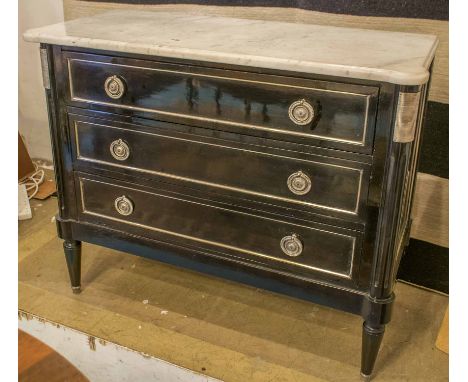 COMMODE, Directoire style ebonised and silver metal mounted with three long drawers and marble top, 96cm x 42cm x 78cm H.