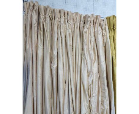 CURTAINS, four pairs, in gold silk, lined and interlined and associated swags and tie backs, four 132cm gathered and four 100