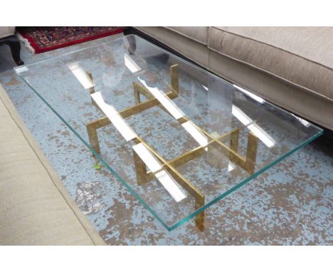 LOW TABLE, contemporary tempered glass on a brass base, 70cm x 130cm x 35cm H.