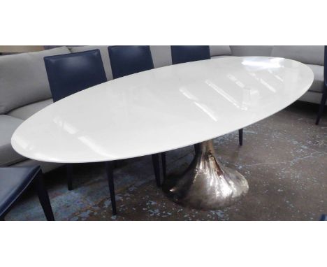 JULIAN CHICHESTER DAKOTA DINING TABLE, white lacquered ovid top on hand hammered nickel base, 244cm x 122cm x 77cm H.