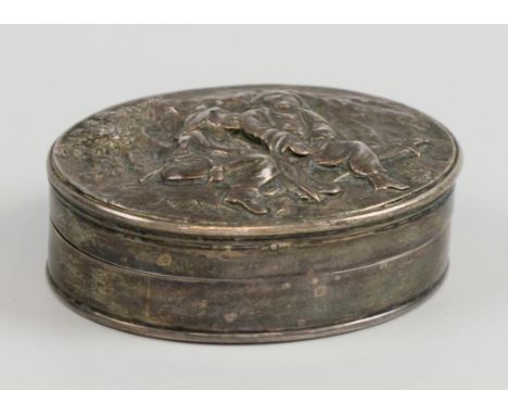 OVAL SILVER SNUFF BOX, with figurative embossed lid, gilt interior, 7.75cm x 6cm, two pairs of 9ct gold cuff links and a sing