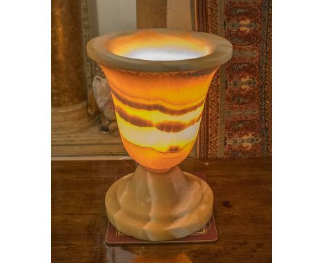 ILLUMINATED ALABASTER LAMP, variegated serial vase, form with circular base, 33cm H x 25cm diam.