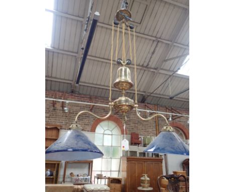 A VICTORIAN STYLE TWO-BRANCH RISE-AND-FALL PENDANT LIGHT (one shade chipped)