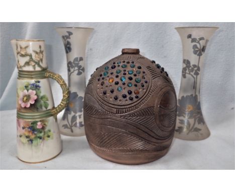 A ROYAL WORCESTER JUG PAINTED BY GEORGE COLE 21cm high, with a Bideford vase by Harry Juniper, and a pair of painted glass va