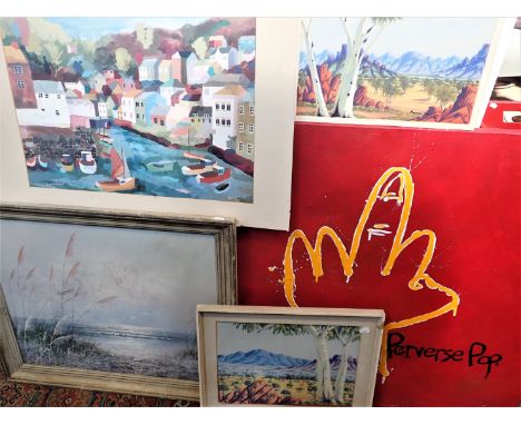 AN OIL ON CANVAS SEASCAPE and other pictures