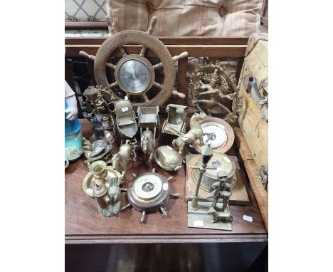 A COLLECTION OF BRASSWARE including a shIps wheel style barometer