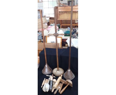 THREE VINTAGE LONG-HANDLED WASHING DOLLIES together with a collection of other kitchen wooden utensils contained in a basket 