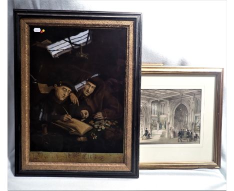 AN 18TH CENTURY GLASS PRINT OF 'THE MONEY LENDER' in a period parcel-gilt and ebonised frame, with two coloured lithographs, 