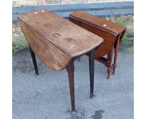 A SMALL MAHOGANY GATE LEG TABLE with pad feet, and a 'Sutherland' type occasional table (both with damage) 